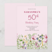 Invitation Fleurs roses pour 50e anniversaire (Devant / Derrière)