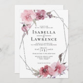 Invitation Fleurs Roses poussiéreuses Mariage à huile d'argen (Devant / Derrière)