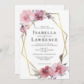 Invitation Fleurs Roses poussiéreuses Mariage à huile d'or ro (Devant / Derrière)