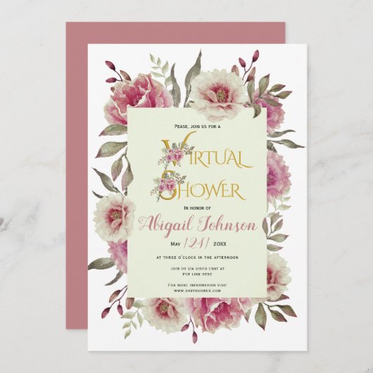 Invitation Fleurs roses poussiéreuses virtuelles bébé ou douc (Devant / Derrière)