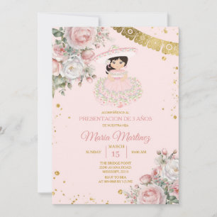Invitation Fleurs roses Presentación De Tres Años Cute Girl