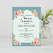 Invitation Fleurs roses Primera Comunation Mignée Première Co (Debout devant)
