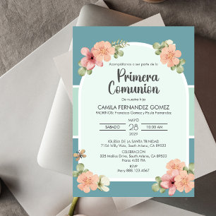 Invitation Fleurs roses Primera Comunation Mignée Première Co