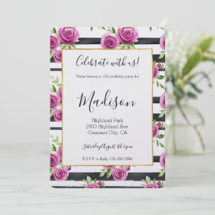 Invitation Fleurs roses rayures noires Anniversaire