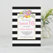 Invitation Fleurs roses, rayures sweet sixteen anniversaire (Debout devant)
