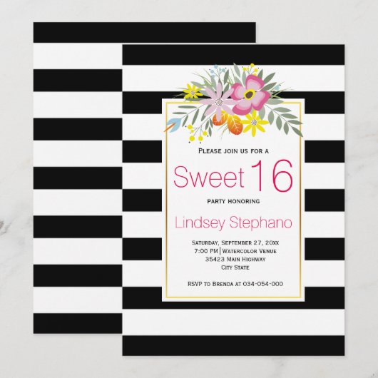 Invitation Fleurs roses, rayures sweet sixteen anniversaire (Devant / Derrière)