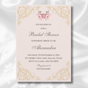 Invitation Fleurs roses Rococo Fête des mariées Vintage Peony