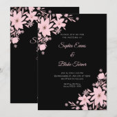 Invitation Fleurs roses romantiques Mariage noir floral (Devant / Derrière)