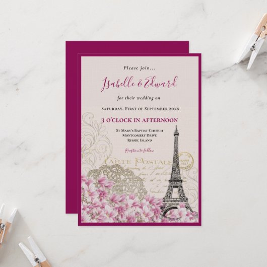 Invitation Fleurs roses romantiques Paris Tour Eiffel Mariage (Devant/Arrière en situation)