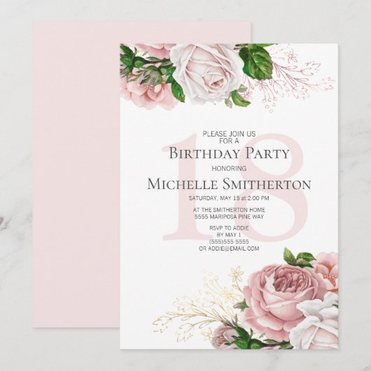Invitation Fleurs roses rose 18e anniversaire (Devant / Derrière)