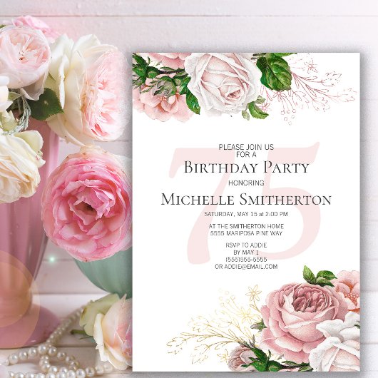 Invitation Fleurs roses rose 75e anniversaire