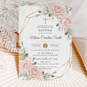 Invitation Fleurs roses rose pâle Croix dorée Baptême 