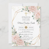 Invitation Fleurs roses rose pâle Croix dorée Baptême (Devant)