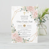 Invitation Fleurs roses rose pâle Croix dorée Baptême (Debout devant)