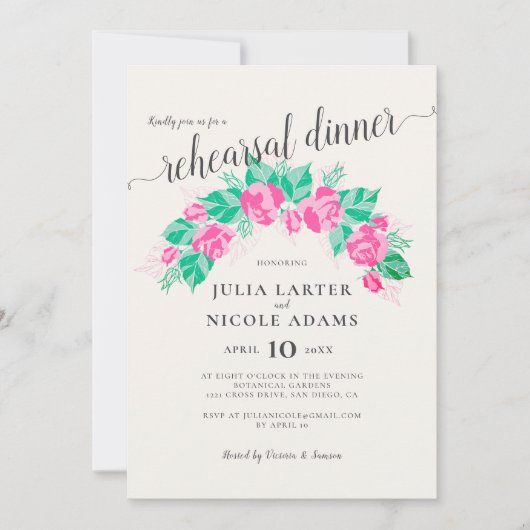Invitation Fleurs Roses rose vert Dîner de répétition de jard (Devant)