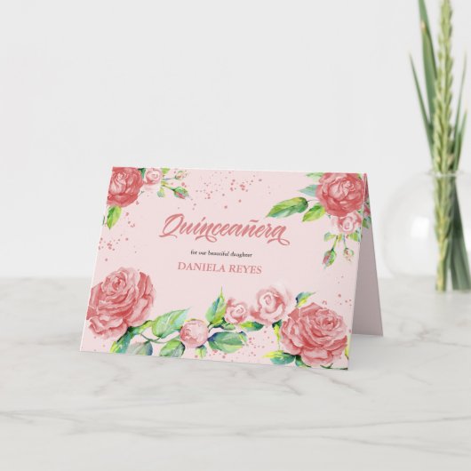 Invitation Fleurs roses roses Aquarelle Florale Quinceanera (Devant)