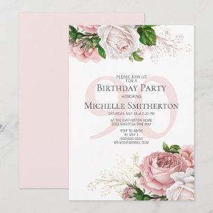 Invitation Fleurs roses roses blush Blanc 90e anniversaire