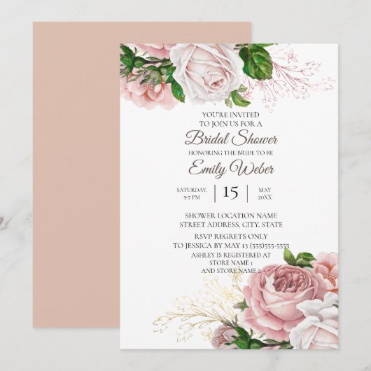 Invitation Fleurs roses roses blush Mariage (Devant / Derrière)
