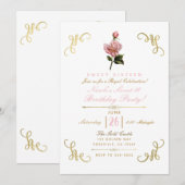 Invitation Fleurs roses roses et coins dorés fête douce 16 Pa (Devant / Derrière)