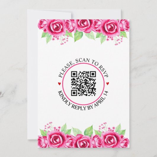 Invitation Fleurs roses roses et mariage à fleurs à code QR (Dos)
