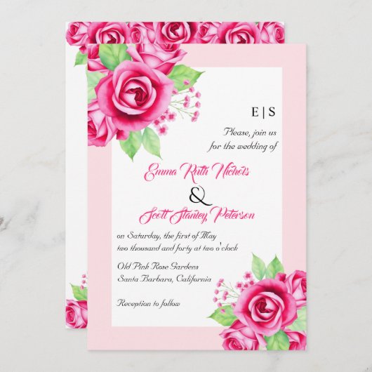 Invitation Fleurs roses roses et mariage à fleurs à code QR (Devant / Derrière)