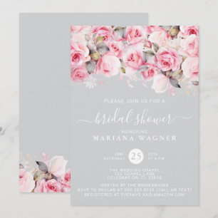 Invitation Fleurs roses roses sur Baby Shower gris