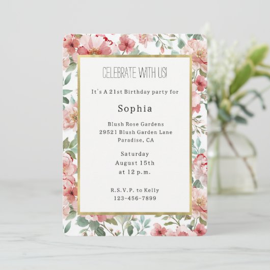 Invitation Fleurs roses rouges anniversaire (Debout devant)