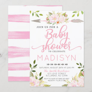 Invitation Fleurs Roses Rouges Baby shower Flèche Bohème