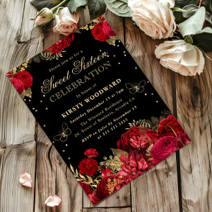 Invitation Fleurs Roses Rouges et Dorées pour Swee
