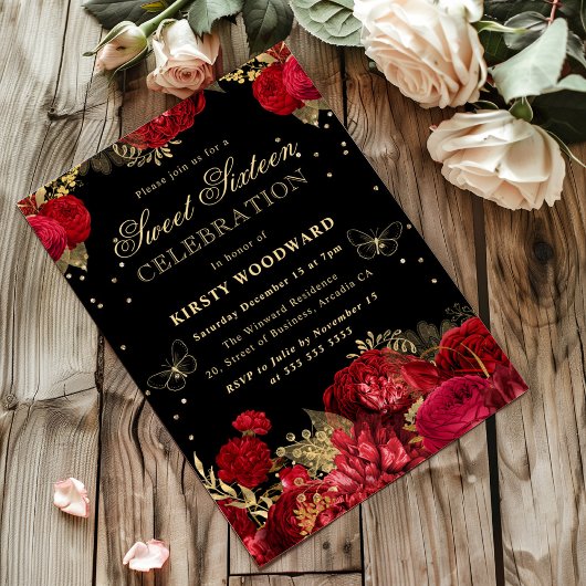 Invitation Fleurs Roses Rouges et Dorées pour Swee