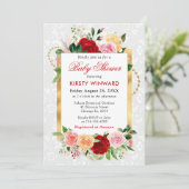 Invitation Fleurs Roses rouges et orange Baby shower or (Debout devant)