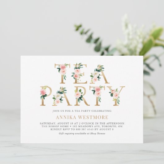 Invitation Fleurs Roses Rouges Gold Foil Spring Tea Party (Debout devant)