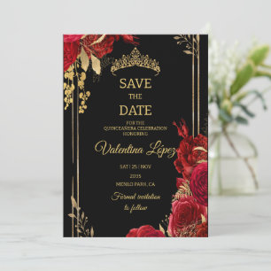 Invitation Fleurs Roses Rouges Noires Quinceañera Sauvegarder
