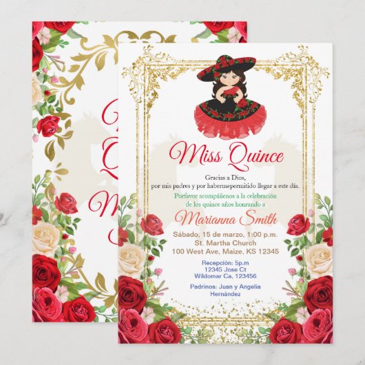 Invitation Fleurs Roses Rouges Quinceanera, (Devant / Derrière)
