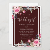 Invitation Fleurs Roses Rouges Rouges Bourgogne Mariage éléga (Devant / Derrière)