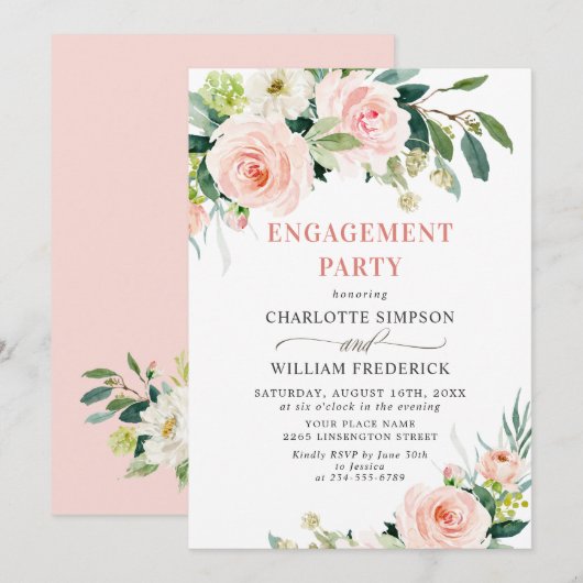 Invitation Fleurs Roses Rouges Verdure FÊTE DE FIANÇAILLES (Devant / Derrière)