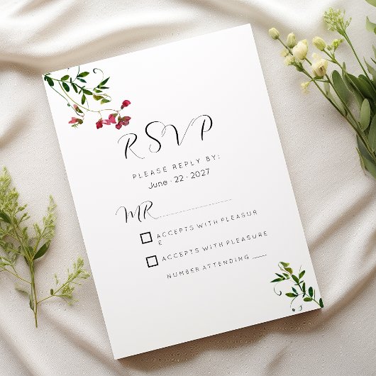 Invitation Fleurs roses rouges vertes simples RSVP