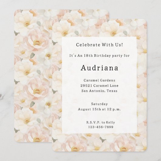 Invitation Fleurs roses rousses Anniversaire (Devant / Derrière)