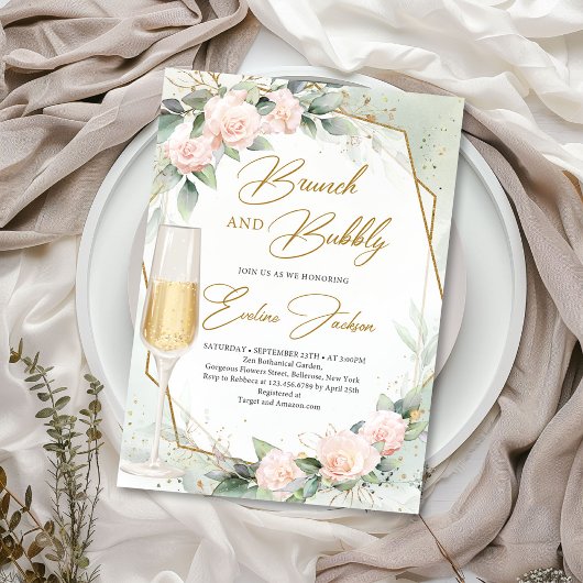 Invitation Fleurs roses rousses eucalyptus brunch et mousseux