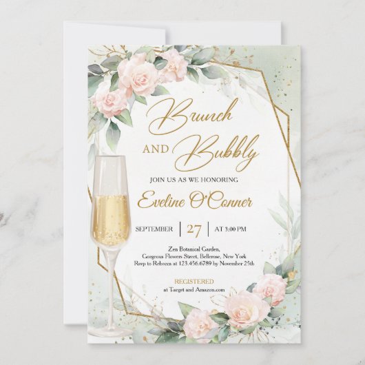 Invitation Fleurs roses rousses eucalyptus brunch et mousseux (Devant)