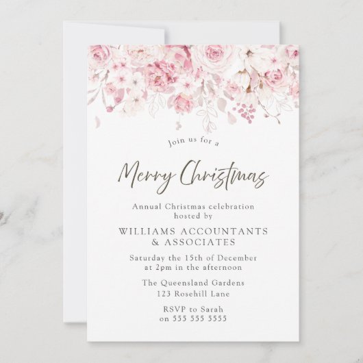 Invitation Fleurs roses rousses Joyeuses fêtes de Noël (Devant)