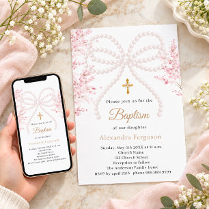 Invitation Fleurs roses ruban fille Baptême