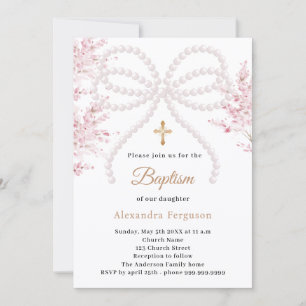 Invitation Fleurs roses ruban fille Baptême