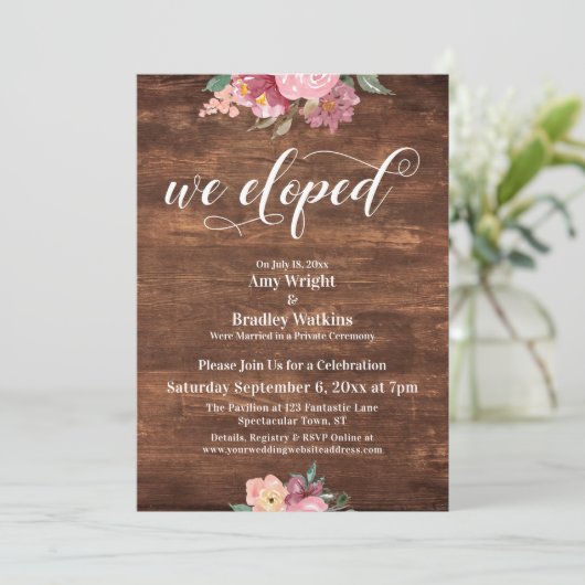 Invitation Fleurs Roses Rustiques Nous Avons Elopé Réception  (Debout devant)