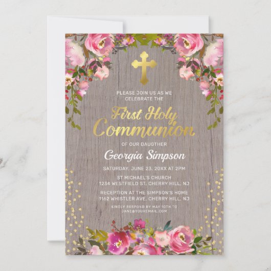 Invitation Fleurs roses rustiques pour la première communion (Devant)