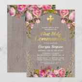 Invitation Fleurs roses rustiques pour la première communion (Devant / Derrière)