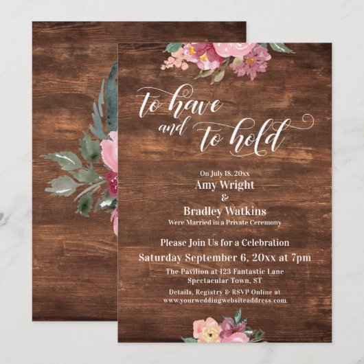 Invitation Fleurs roses rustiques pour réception de mariage " (Devant / Derrière)