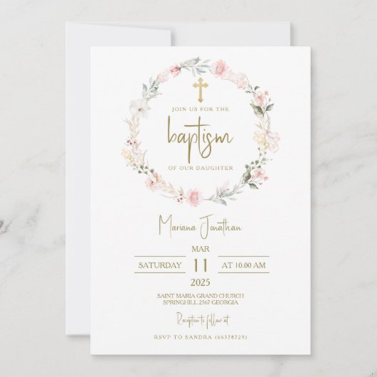 Invitation Fleurs Roses Rustiques Texte Baptême (Devant)