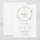 Invitation Fleurs Roses Rustiques Texte Baptême (Devant / Derrière)