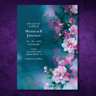 Invitation Fleurs roses sarcelle romantiques | Mariage floral